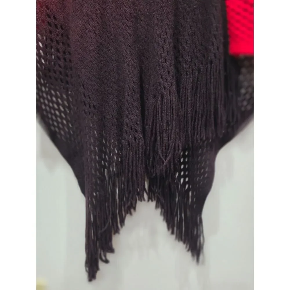 Sapphire Red Black Ombre Poncho Sweater Fringe Boho Western Waffle Knit